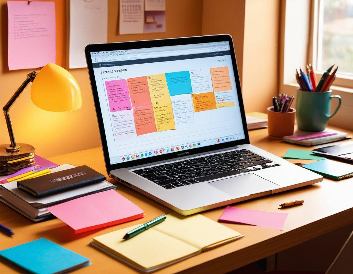A dynamic digital workspace filled with colorful papers and notes representing blog posts, surrounded by creative writing tools like pens, a laptop, and an open book. In the background, a soft glow emanates from an RCS services logo, symbolizing transformation and innovation in online content. The composition blends elements of technology and creativity. vibrant colors. super-realistic.