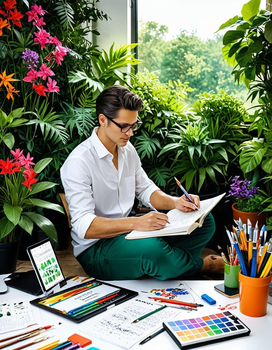 An artist working on a vibrant digital journal, surrounded by tools symbolizing creativity, like paintbrushes, a computer with community discussions, and colorful notes. The setting is bright and inviting, with a blend of nature and technology in the background, showcasing connectivity with digital elements incorporating art and community. super-realistic. vibrant colors. white background.
