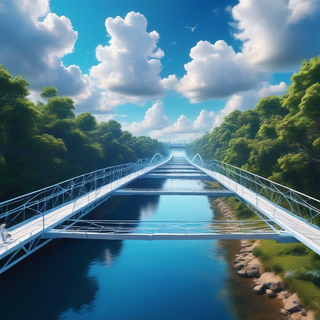 A digital landscape showcasing a vibrant bridge made of interconnected nodes and data streams, symbolizing enhanced connectivity in a community. Diverse people from various backgrounds are collaborating and communicating across the bridge, surrounded by symbols of technology like smartphones and laptops. A bright blue sky and fluffy clouds overhead add to the sense of innovation and positivity. super-realistic. vibrant colors. 3D.